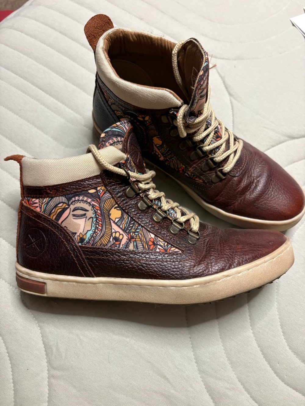 Inkkas High-Top Leather Sneakers in Brown with Patterned Panels